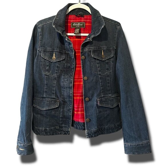 Eddie Bauer Premium Denim Jean Plaid Red Linning Jacket Unisex Size Small Coat - Picture 2 of 5